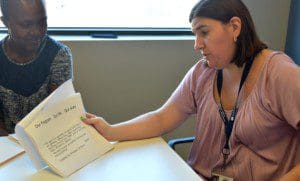 Lisa Jost reads from the tenants of the Siegel Center's self advocacy group