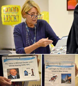Madelin Rivera reads from a book created by students at AHRC Middle High school, about Mike's move