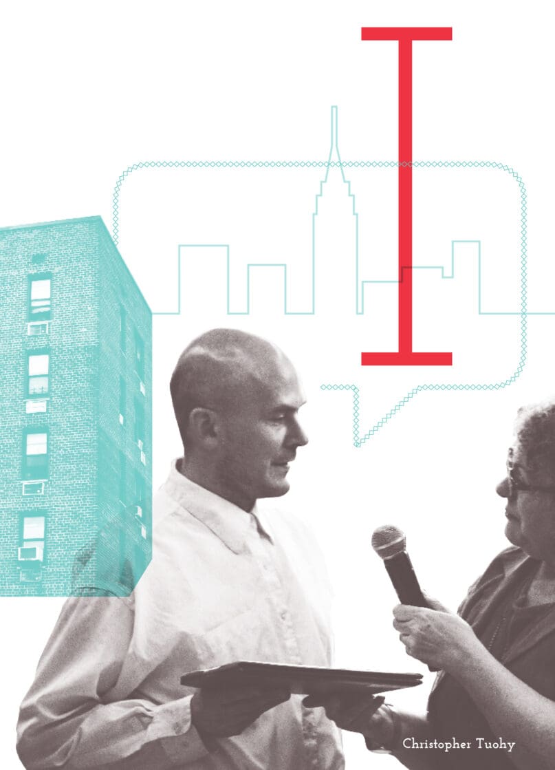 I stands for Intergrity, accompanied by a photo of Christopher Tuohy, receiving an ward presented by AHRC NYC Board Member, Meri Krassner