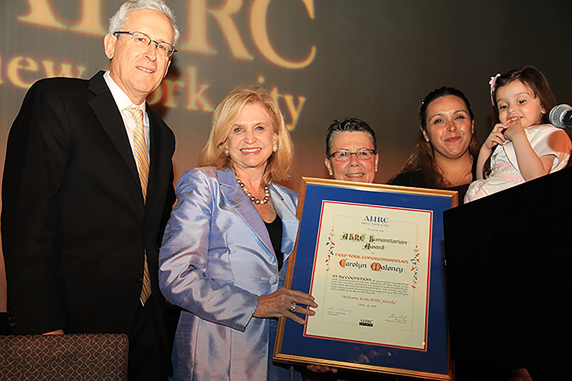 Congresswoman Carolyn B. Maloney, representing the 12th District of New York, receiving the AHRC NYC Humanitarian Award