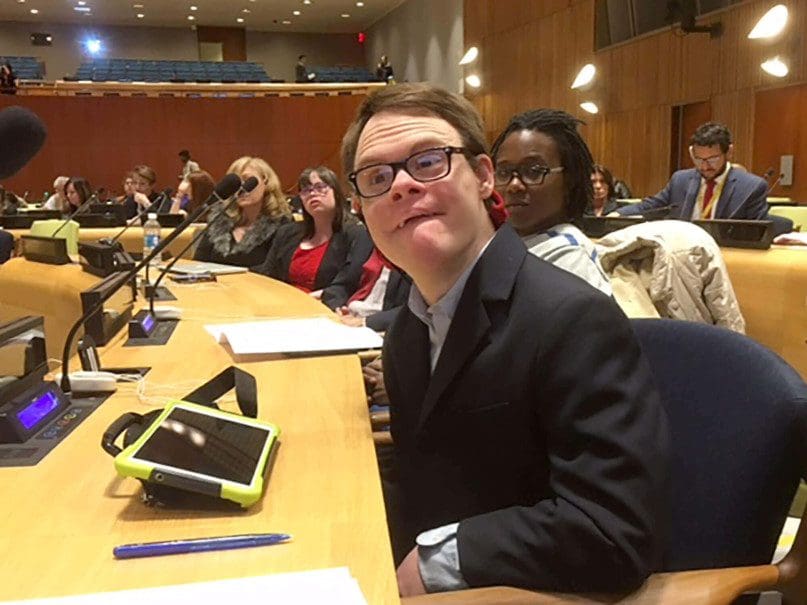 Jamie used his assistive speech device to speak to people from around the globe