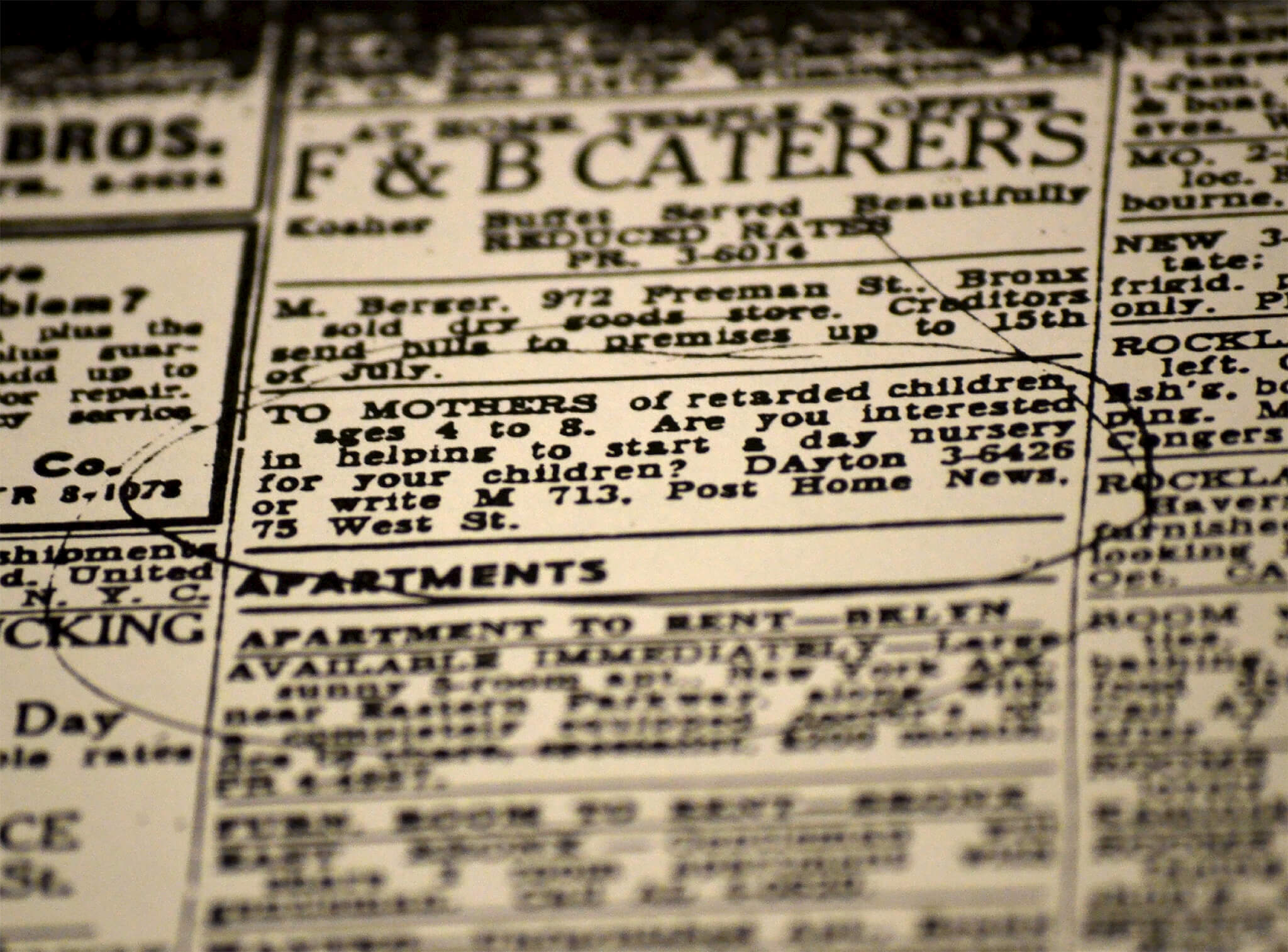 Ann Greenberg's Advertisement that was put in the New York Post on July 9, 1948