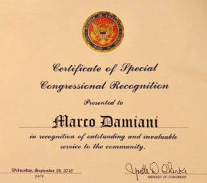 Marco Damiani's Certificate of Recognition from Rep. Yvette Clarke