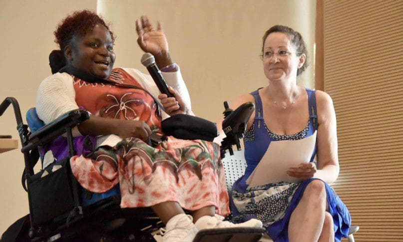 Self advocate Janice Bartley gave the keynote speech at the 2019 SANYS Conference, assisted by Jennifer Teich