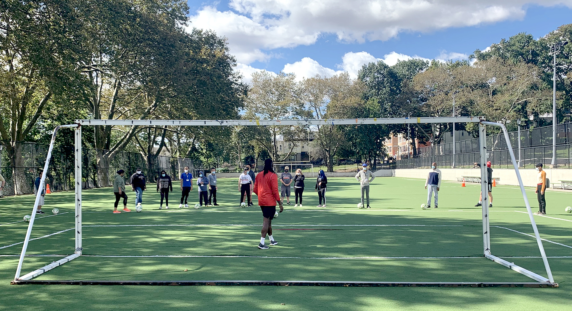 A soccer clinic run by Kevin Grogan's school supported players from AHRC NYC programs in Queens.