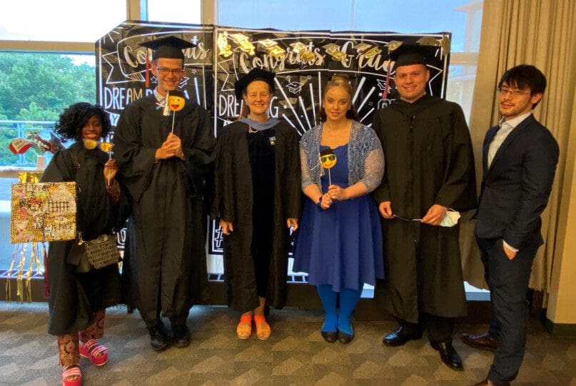 Graduation was celebrated at Kingsborough Community College with Hillary Jean Philippe (Student), Steven Lakhter (Student), Professor Susan Carpenter, Elizabeth Guida (Mentor), Vincent Carrasquillo (Student), and Kensaku Matsuda (Director).