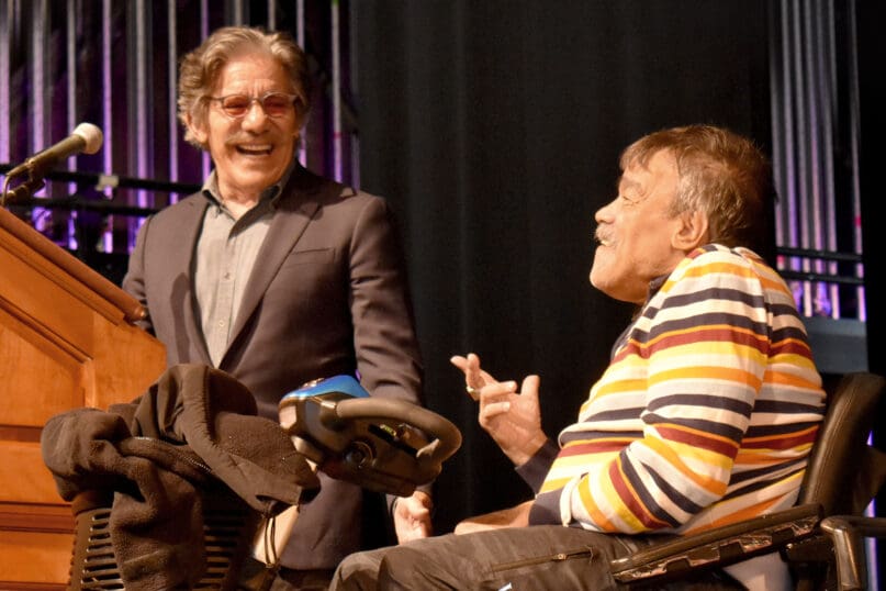 Geraldo Rivera and Bernard Carabello have an onstage discussion during a celebration of 50 Years of the Willowbrook Consent Decree