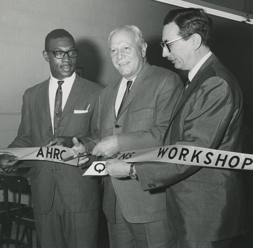 Max W. Schachter at Queens Workshop ribbon cutting event 1950s