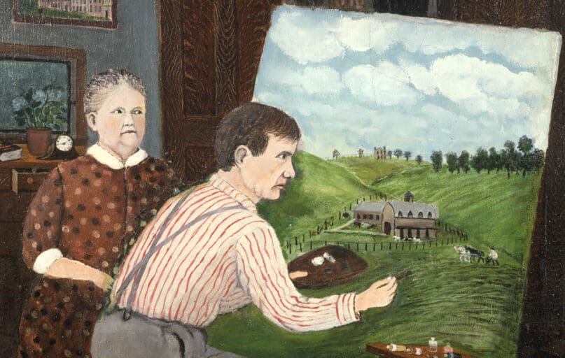 An image included as a part of the exhibition Self-Made: A Century of Inventing Artists. Depicted is the painted work titled "John Kane and His Wife, by John Kane (1860-1934)