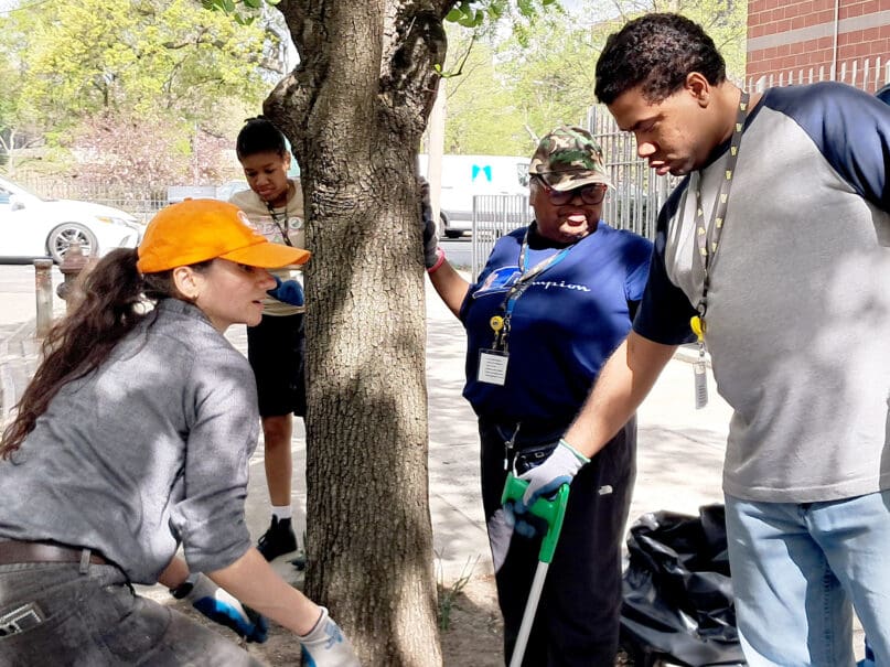 Gardeners from Fisher Center learn about tree planting and pruning from an NYC Parks expert
